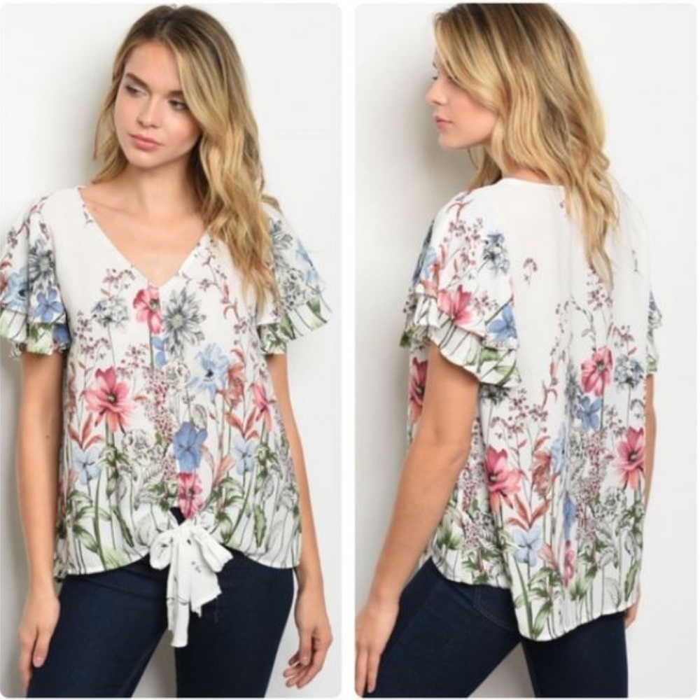 1 LEFT!  White front-tie floral top
